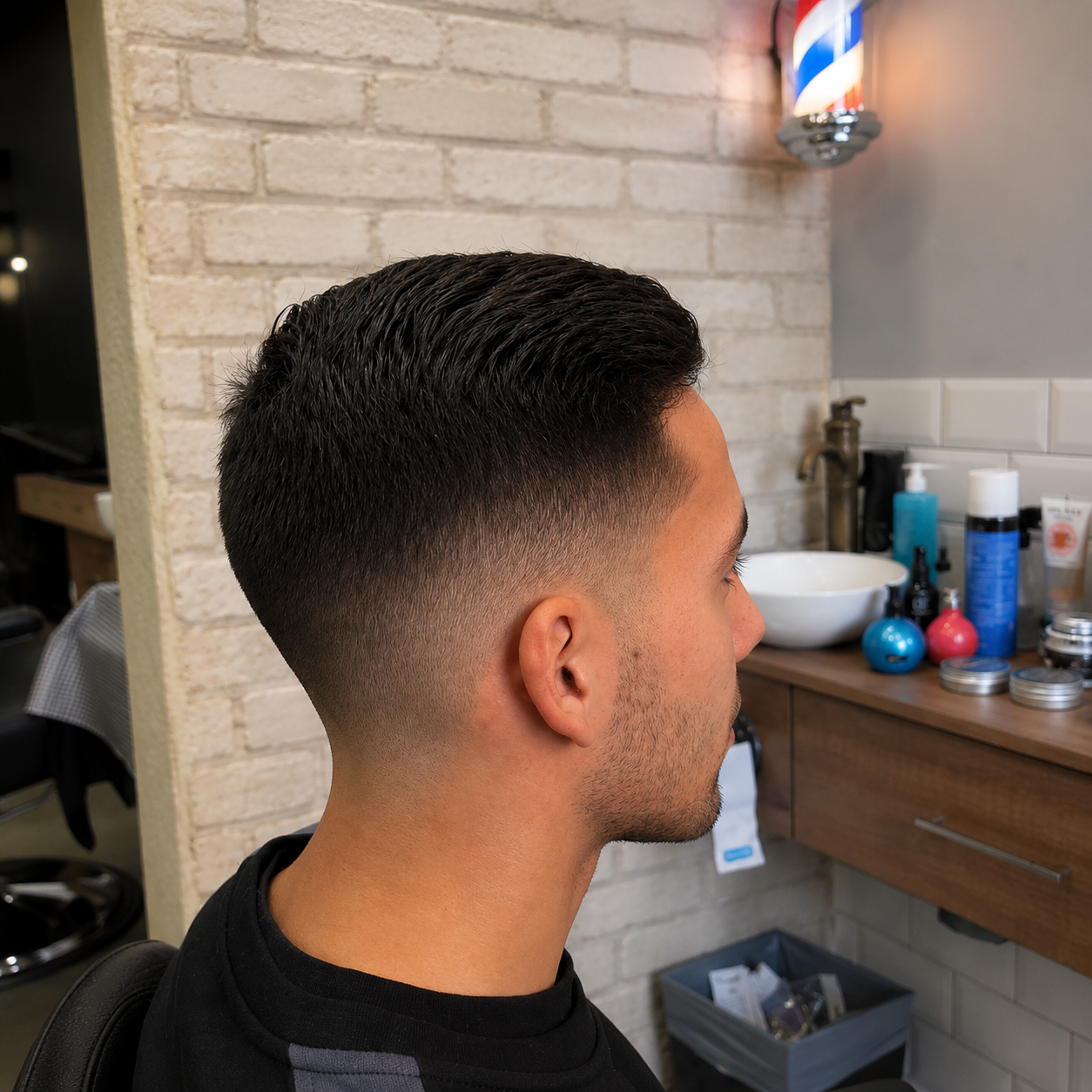 Fade alto con acabado clásico junto al poste de barbero