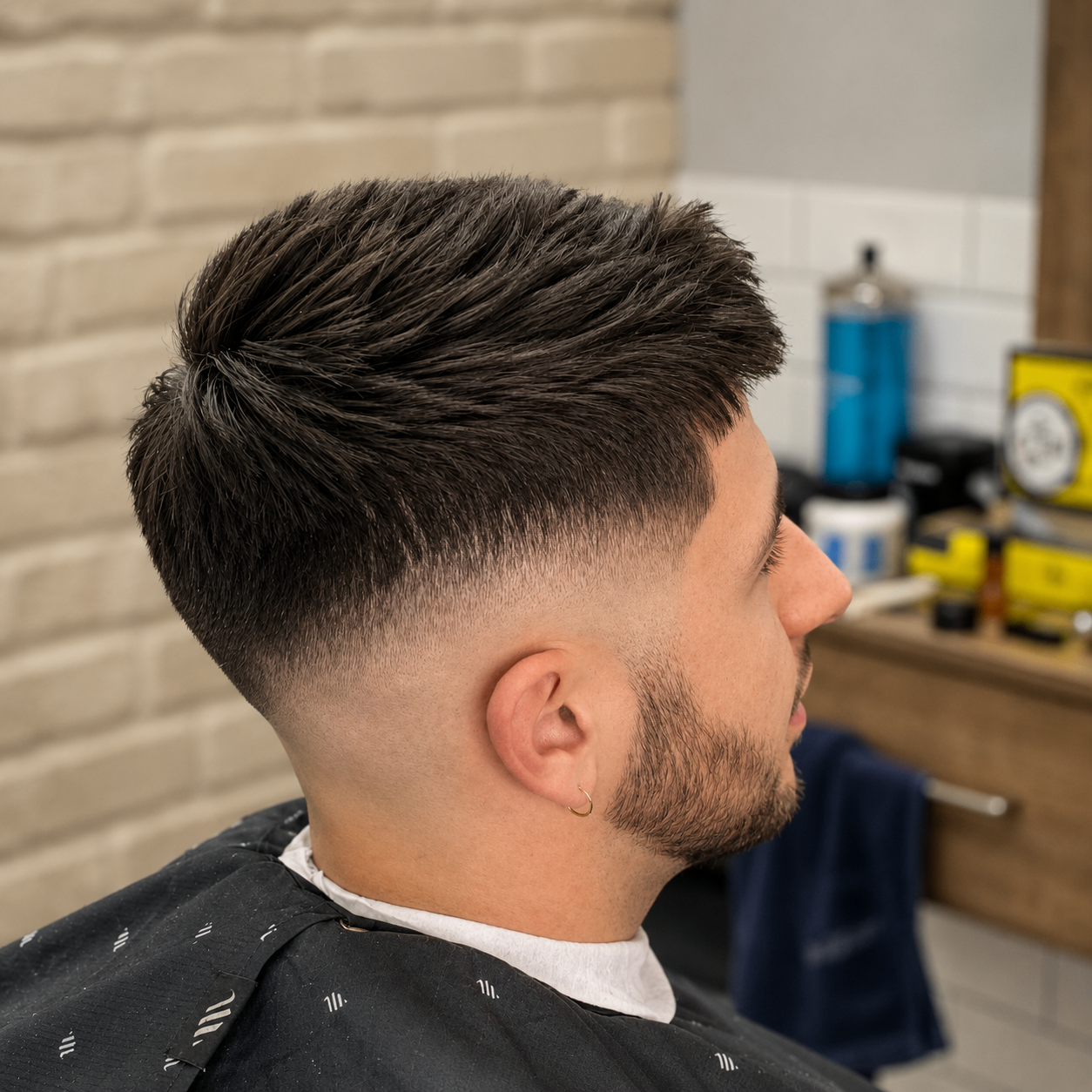 Corte degradado con volumen y peinado hacia atrás