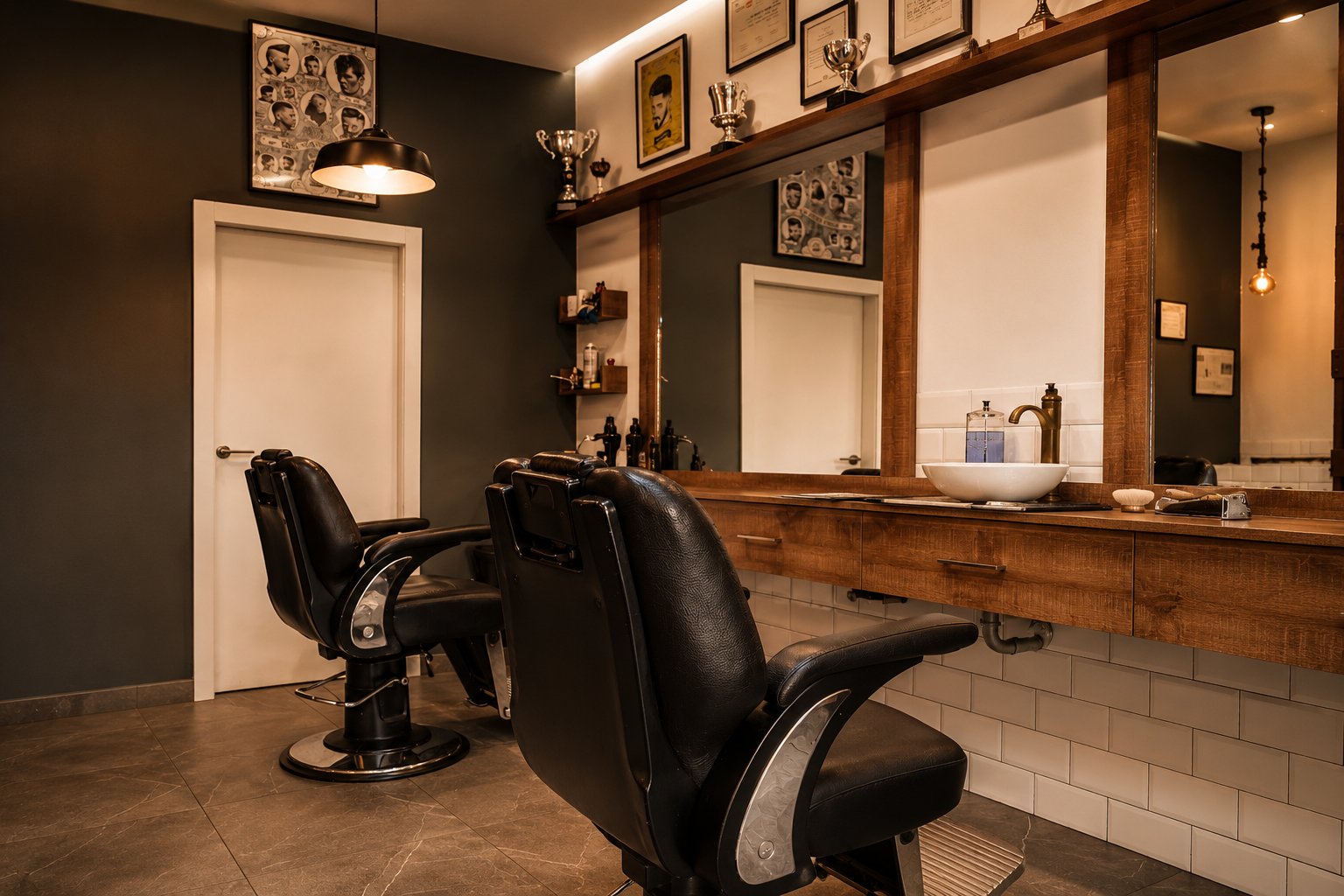 Sillones de barbero frente a los espejos de J. Camacho Peluqueros